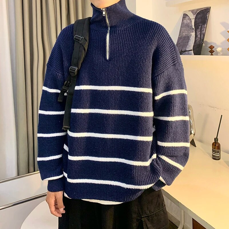 Svītraina raksta Augstas kvalitātes vīriešu džemperi Puloveri Kokvilna Rudens Ziemas Pusaugstums Rāvējslēdzējs Trikotāžas Fit Tips Džemperis D04