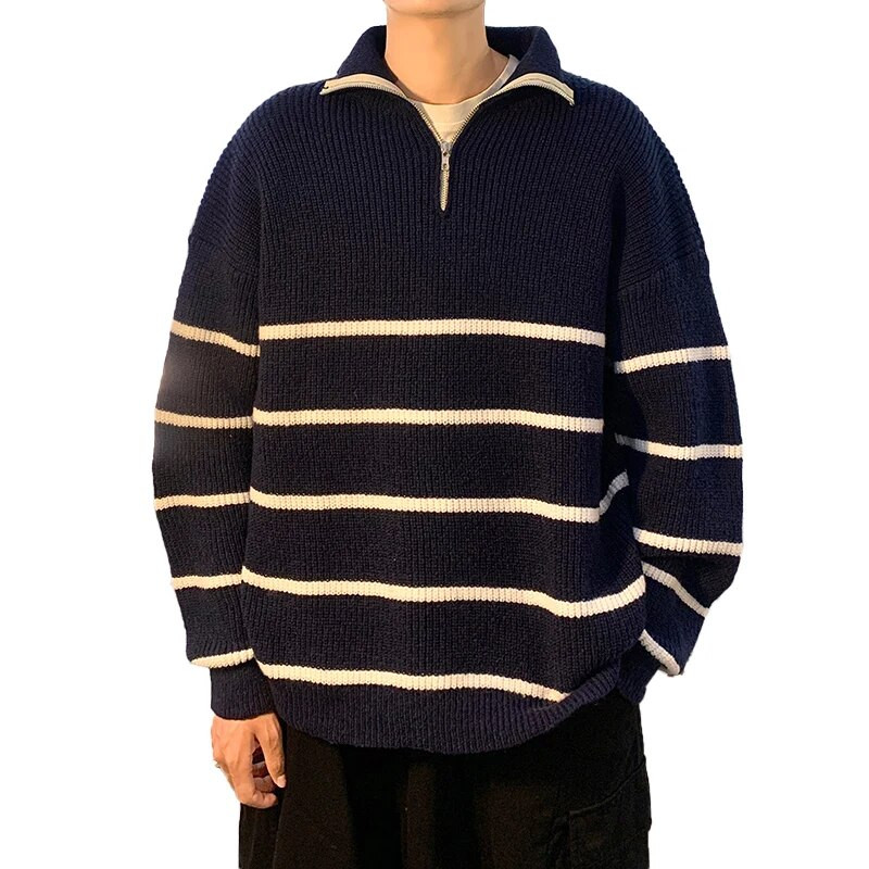 Svītraina raksta Augstas kvalitātes vīriešu džemperi Puloveri Kokvilna Rudens Ziemas Pusaugstums Rāvējslēdzējs Trikotāžas Fit Tips Džemperis D04