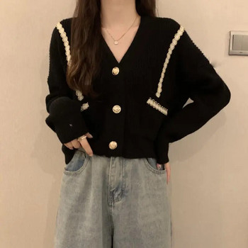 Lucyever φθινοπωρινές κορεατικές ζακέτες με λαιμόκοψη γυναικεία μοντέρνα, κομψά πλεκτά πανωφόρια με αλυσίδα με τσέπη Πουλόβερ High Street Y2K 2022