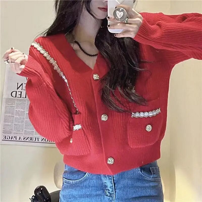 „Lucyever“ rudens korėjietiški megztiniai su V formos iškirpte, moteriški madingi, elegantiški, kišeniniai megzti viršutiniai drabužiai, tinkantys „High Street Y2K“ megztinis 2022 m.