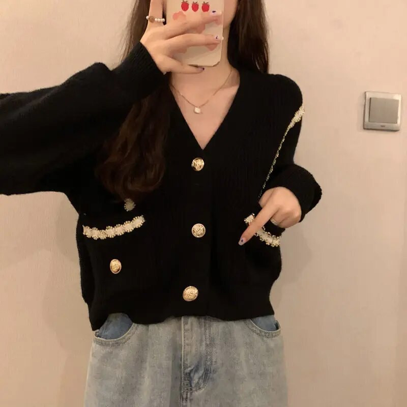 „Lucyever“ rudens korėjietiški megztiniai su V formos iškirpte, moteriški madingi, elegantiški, kišeniniai megzti viršutiniai drabužiai, tinkantys „High Street Y2K“ megztinis 2022 m.