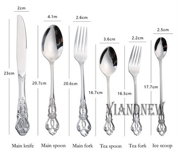6 бр. Комплект прибори за хранене от неръждаема стомана Златни сервизи Кралски чаени лъжици Вилици Ножове Кухня Западна вечеря Сребърни прибори Подарък