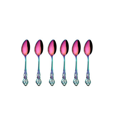 6 gab. Nerūsējošā tērauda galda piederumu komplekts Zelta trauki Karaliskā tējas karote Dakšiņas Naži virtuve Rietumu vakariņas Sudraba trauki galda piederumi Dāvana