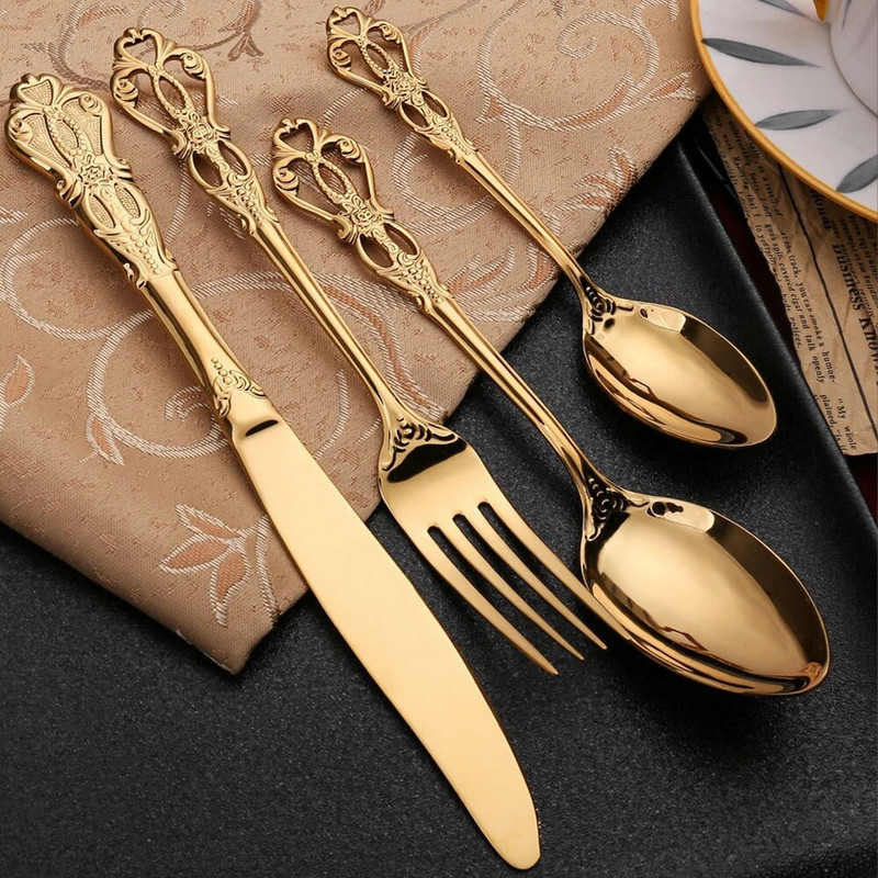 6 gab. Nerūsējošā tērauda galda piederumu komplekts Zelta trauki Karaliskā tējas karote Dakšiņas Naži virtuve Rietumu vakariņas Sudraba trauki galda piederumi Dāvana