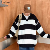 Dryžuoti megztiniai, vyriški atlenkiami apykaklės Preppy stilingi gatvės drabužiai Kpop laisvalaikio unisex Harajuku trikotažas, tinkantis megztinis 