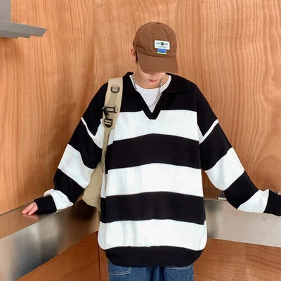 Dryžuoti megztiniai, vyriški atlenkiami apykaklės Preppy stilingi gatvės drabužiai Kpop laisvalaikio unisex Harajuku trikotažas, tinkantis megztinis 