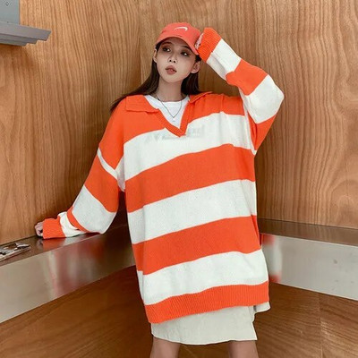 Dryžuoti megztiniai, vyriški atlenkiami apykaklės Preppy stilingi gatvės drabužiai Kpop laisvalaikio unisex Harajuku trikotažas, tinkantis megztinis 