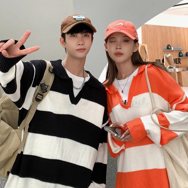Dryžuoti megztiniai, vyriški atlenkiami apykaklės Preppy stilingi gatvės drabužiai Kpop laisvalaikio unisex Harajuku trikotažas, tinkantis megztinis 