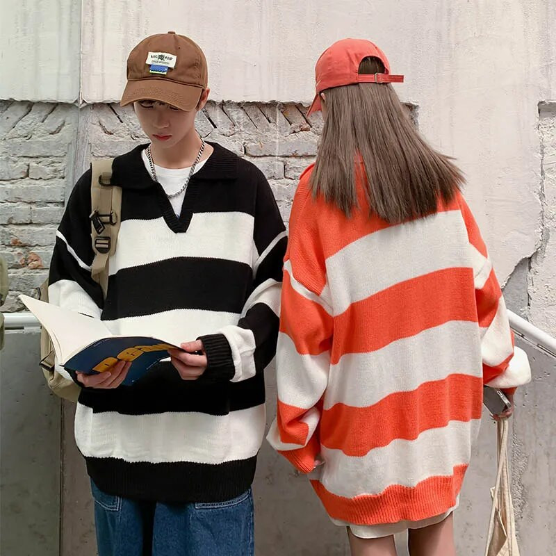 Dryžuoti megztiniai, vyriški atlenkiami apykaklės Preppy stilingi gatvės drabužiai Kpop laisvalaikio unisex Harajuku trikotažas, tinkantis megztinis 