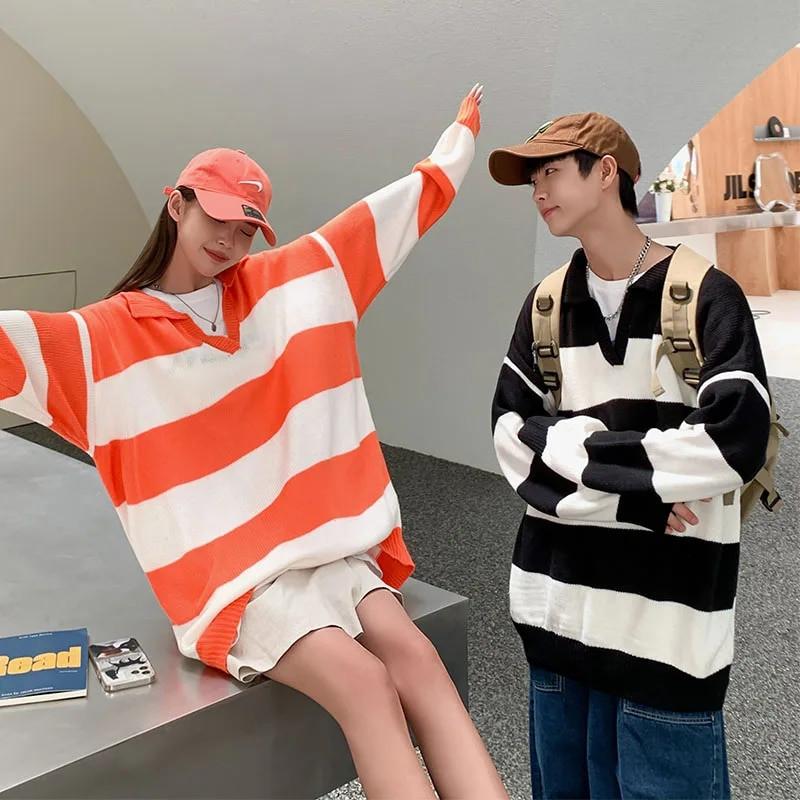 Dryžuoti megztiniai, vyriški atlenkiami apykaklės Preppy stilingi gatvės drabužiai Kpop laisvalaikio unisex Harajuku trikotažas, tinkantis megztinis 