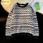 Melni svītraini džemperi Vīriešu džemperis ar apkakli Ziemas silts retro modes High Street ikdienišķs Baggy Kpop Stilīgs Pamata Viss atbilst Jaunums