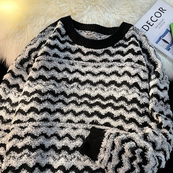 Пуловери с черни райета Мъжки пуловер с кръгло деколте Зимен топъл ретро моден High Street Ежедневен широк широк Kpop Стилен Основен Универсален нов