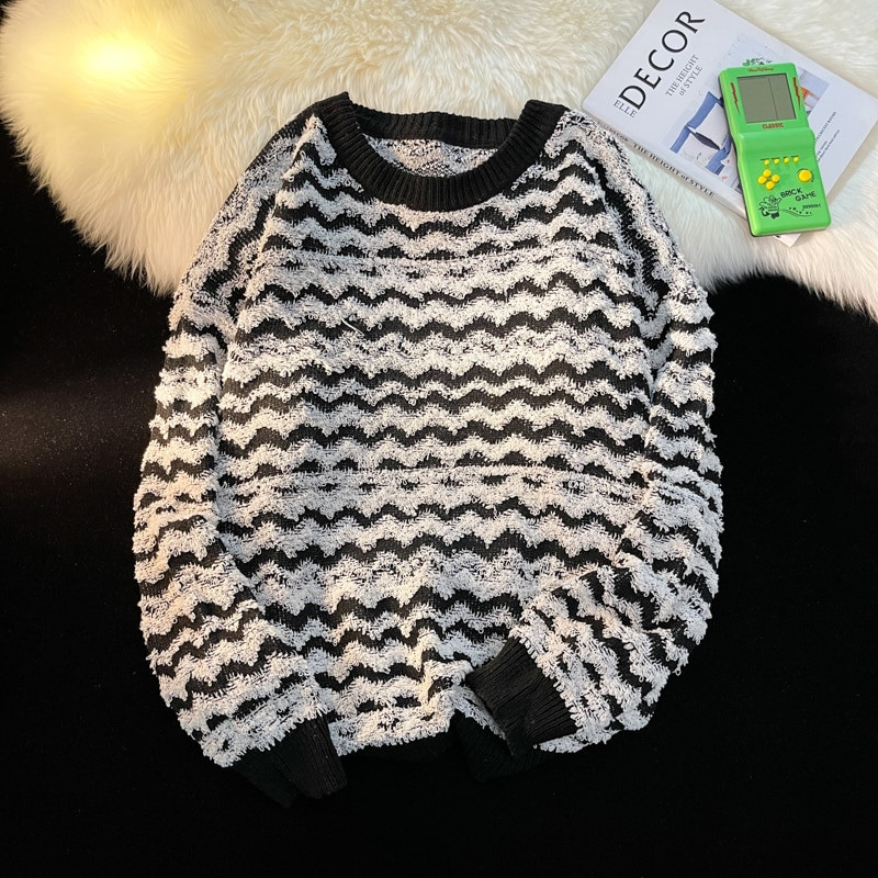 Melni svītraini džemperi Vīriešu džemperis ar apkakli Ziemas silts retro modes High Street ikdienišķs Baggy Kpop Stilīgs Pamata Viss atbilst Jaunums