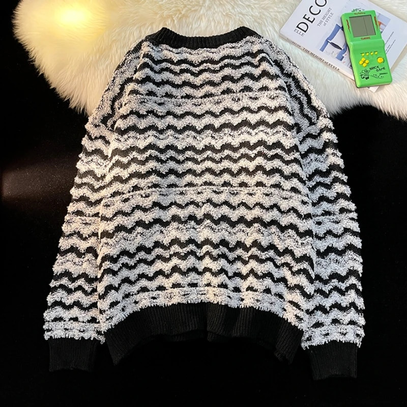 Melni svītraini džemperi Vīriešu džemperis ar apkakli Ziemas silts retro modes High Street ikdienišķs Baggy Kpop Stilīgs Pamata Viss atbilst Jaunums