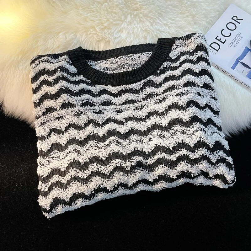 Melni svītraini džemperi Vīriešu džemperis ar apkakli Ziemas silts retro modes High Street ikdienišķs Baggy Kpop Stilīgs Pamata Viss atbilst Jaunums