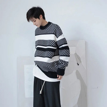 Нови постъпления 2022 г. Раиран плетивен пуловер с принт Улично облекло Мъжки прилепнал пуловер Унисекс Ежедневни джъмпъри Корейски стил L90