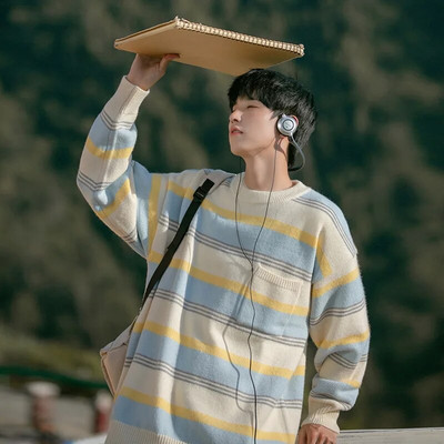 Svītraini Retro Puloveri Vīriešu Y2k Apģērbi O veida kakla Harajuku Džemperis Adīšana Baggy Ropa De Hombre Temper Свитер Unisex High Street