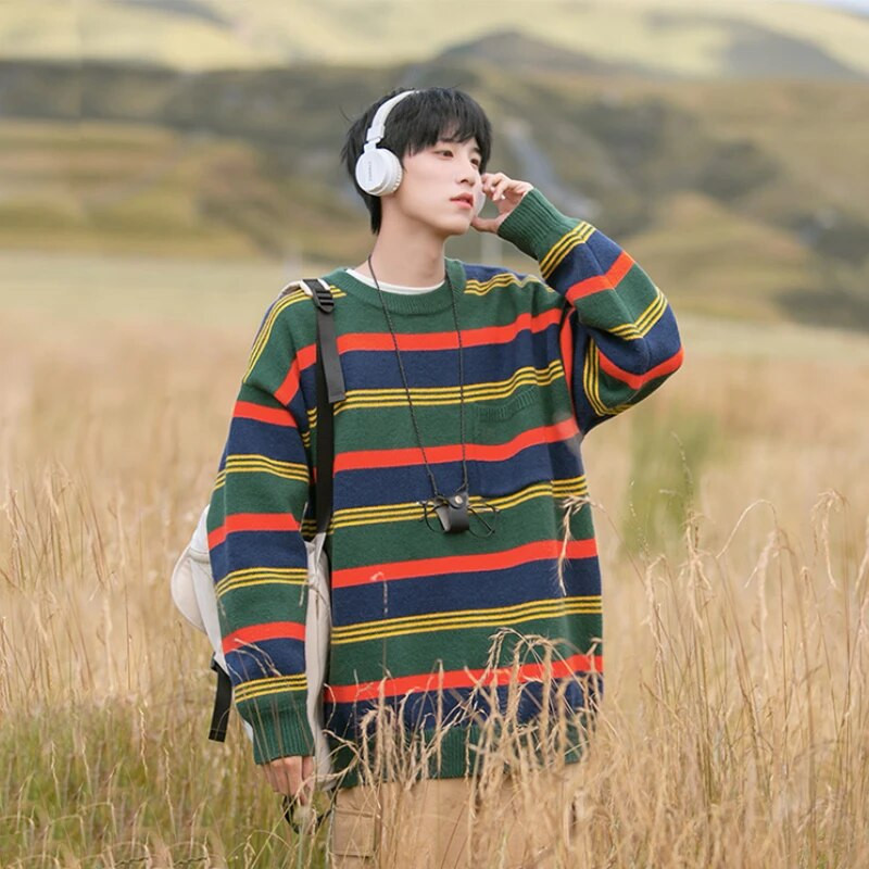 Svītraini Retro Puloveri Vīriešu Y2k Apģērbi O veida kakla Harajuku Džemperis Adīšana Baggy Ropa De Hombre Temper Свитер Unisex High Street