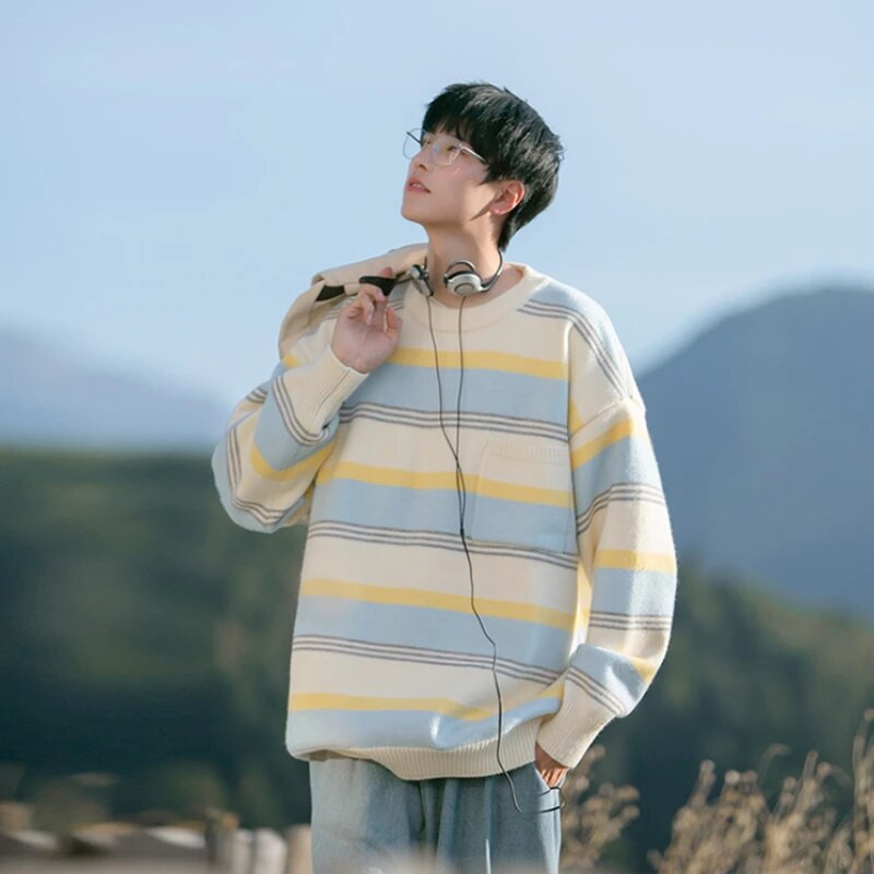 Svītraini Retro Puloveri Vīriešu Y2k Apģērbi O veida kakla Harajuku Džemperis Adīšana Baggy Ropa De Hombre Temper Свитер Unisex High Street