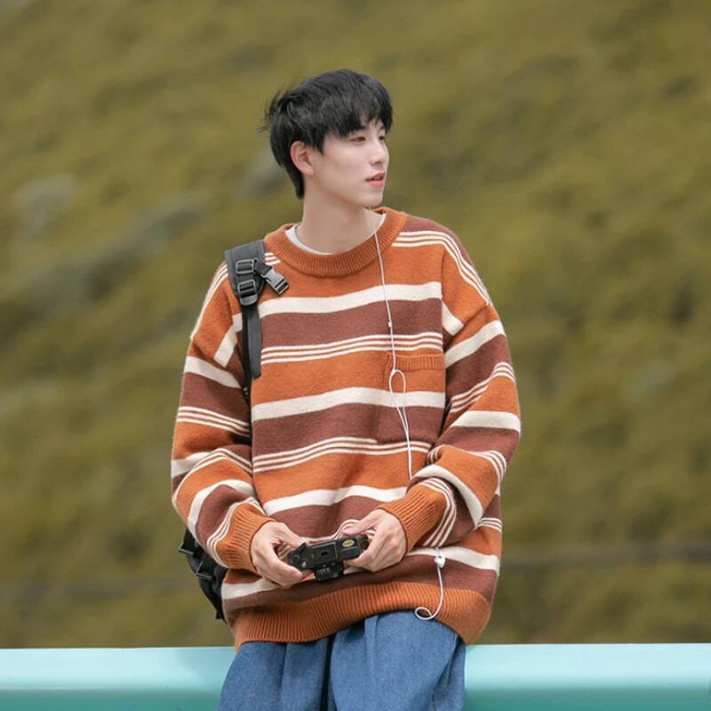 Svītraini Retro Puloveri Vīriešu Y2k Apģērbi O veida kakla Harajuku Džemperis Adīšana Baggy Ropa De Hombre Temper Свитер Unisex High Street