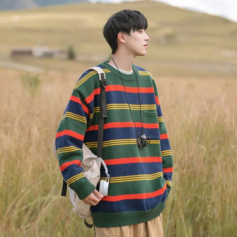 Svītraini Retro Puloveri Vīriešu Y2k Apģērbi O veida kakla Harajuku Džemperis Adīšana Baggy Ropa De Hombre Temper Свитер Unisex High Street