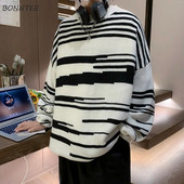 Svītrains Dizains Puloveri Vīriešu Apģērbs Apakškakla Džemperis Ziemas Baggy Chic Korejiešu Streetwear Adījums Mode Vispārpiemērots Retro Silts Jauns