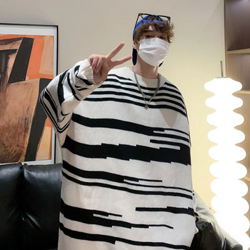 Πουλόβερ με ριγέ σχέδιο Ανδρικά ρούχα Crewneck πουλόβερ Χειμερινό φαρδύ κομψό κορεάτικο πλεκτό πλεκτό μόδα Ρετρό ζεστό νέο