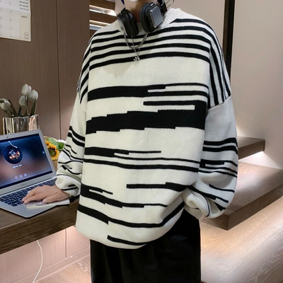 Svītrains Dizains Puloveri Vīriešu Apģērbs Apakškakla Džemperis Ziemas Baggy Chic Korejiešu Streetwear Adījums Mode Vispārpiemērots Retro Silts Jauns