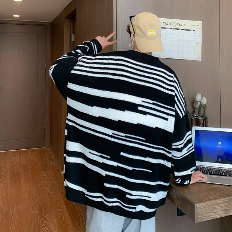 Svītrains Dizains Puloveri Vīriešu Apģērbs Apakškakla Džemperis Ziemas Baggy Chic Korejiešu Streetwear Adījums Mode Vispārpiemērots Retro Silts Jauns