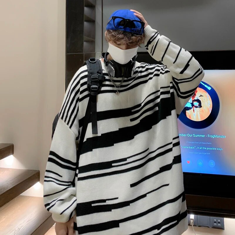 Svītrains Dizains Puloveri Vīriešu Apģērbs Apakškakla Džemperis Ziemas Baggy Chic Korejiešu Streetwear Adījums Mode Vispārpiemērots Retro Silts Jauns