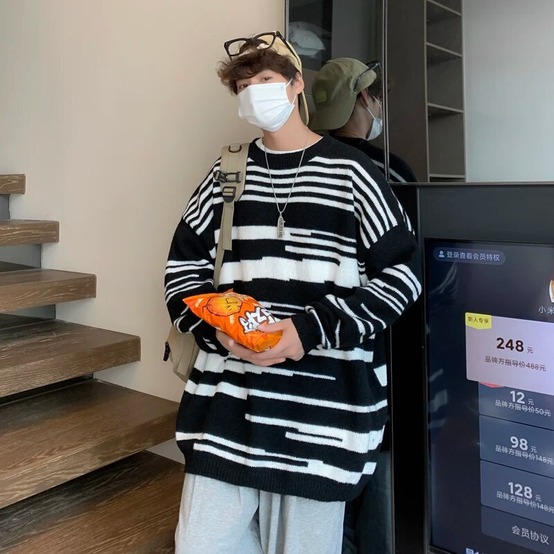 Svītrains Dizains Puloveri Vīriešu Apģērbs Apakškakla Džemperis Ziemas Baggy Chic Korejiešu Streetwear Adījums Mode Vispārpiemērots Retro Silts Jauns