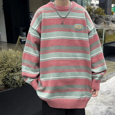 Džemperis Puloveri Vīriešu Retro Harajuku Svītraini Pusaudžu Apģērbi Pamata Modes Apakškakls Skaists Ikdienišķs Ziemas Adīšana Baggy