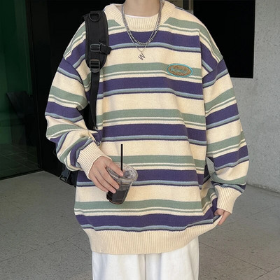 Džemperis Puloveri Vīriešu Retro Harajuku Svītraini Pusaudžu Apģērbi Pamata Modes Apakškakls Skaists Ikdienišķs Ziemas Adīšana Baggy