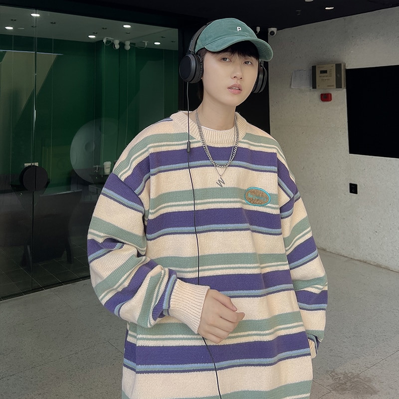 Džemperis Puloveri Vīriešu Retro Harajuku Svītraini Pusaudžu Apģērbi Pamata Modes Apakškakls Skaists Ikdienišķs Ziemas Adīšana Baggy