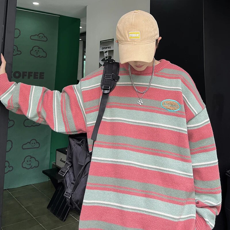 Džemperis Puloveri Vīriešu Retro Harajuku Svītraini Pusaudžu Apģērbi Pamata Modes Apakškakls Skaists Ikdienišķs Ziemas Adīšana Baggy