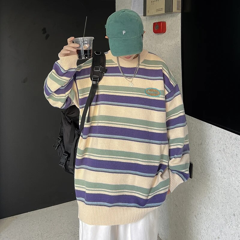 Džemperis Puloveri Vīriešu Retro Harajuku Svītraini Pusaudžu Apģērbi Pamata Modes Apakškakls Skaists Ikdienišķs Ziemas Adīšana Baggy