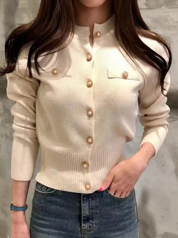 Модна дамска жилетка ZOKI Пуловер Пролетно плетено късо палто с дълъг ръкав Ежедневно едноредно корейско тънко шик дамско горнище