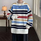 2023-as téli ruházat Férfi kötött csíkos luxuspulóverek Pulóver Alkalmi egyszínű Vintage bő O nyakú, hosszú ujjú felsők