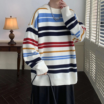 Χειμερινά ρούχα 2023 Ανδρικά πλεκτά ριγέ πολυτελή πουλόβερ πουλόβερ Casual μονόχρωμα Vintage Loose O λαιμόκοψη μακρυμάνικο μπλουζάκια