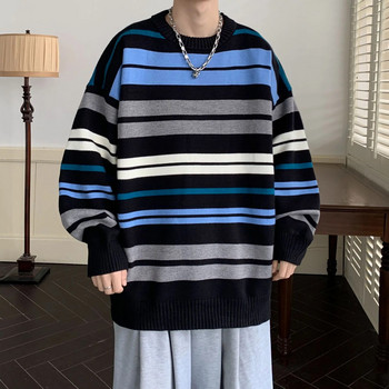 2023 Зимно облекло Мъжки плетени райета Луксозни пуловери Пуловер Ежедневни едноцветни ретро свободни горнища с О деколте и дълги ръкави