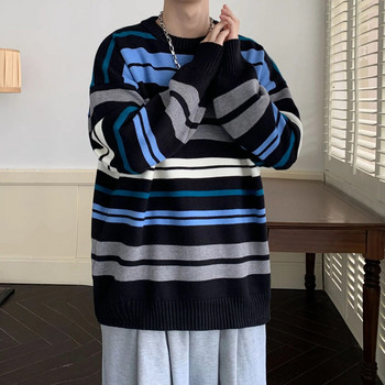 2023 Зимно облекло Мъжки плетени райета Луксозни пуловери Пуловер Ежедневни едноцветни ретро свободни горнища с О деколте и дълги ръкави