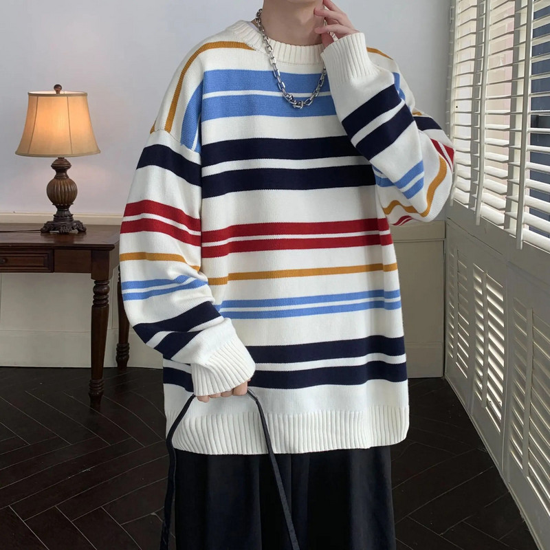 2023-as téli ruházat Férfi kötött csíkos luxuspulóverek Pulóver Alkalmi egyszínű Vintage bő O nyakú, hosszú ujjú felsők