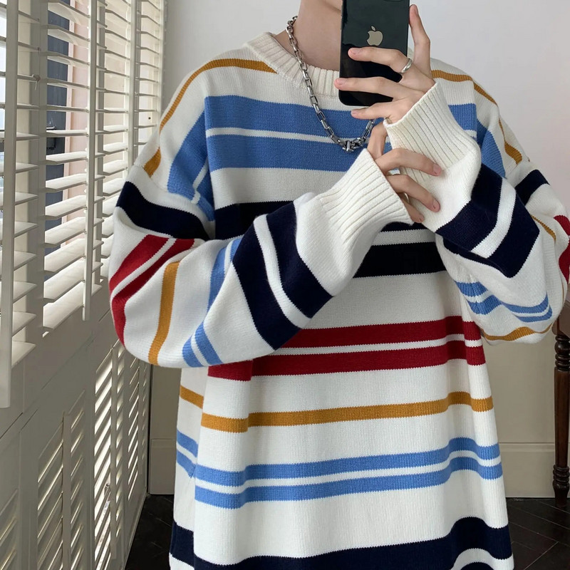 2023-as téli ruházat Férfi kötött csíkos luxuspulóverek Pulóver Alkalmi egyszínű Vintage bő O nyakú, hosszú ujjú felsők