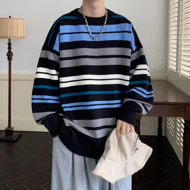 2023-as téli ruházat Férfi kötött csíkos luxuspulóverek Pulóver Alkalmi egyszínű Vintage bő O nyakú, hosszú ujjú felsők