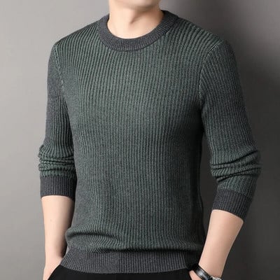 MACROSE Žieminis vyriškas megztinis dryžuotas ilgomis rankovėmis megztinis Madingi vyriški drabužiai O formos iškirpte Naujas 2 spalvų vilnos mišraus audimo megztinis