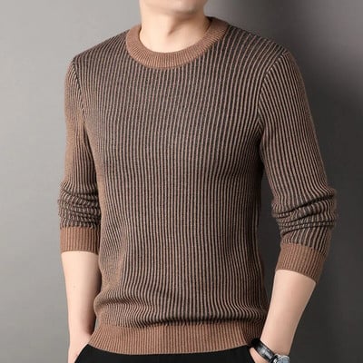 MACROSE Žieminis vyriškas megztinis dryžuotas ilgomis rankovėmis megztinis Madingi vyriški drabužiai O formos iškirpte Naujas 2 spalvų vilnos mišraus audimo megztinis