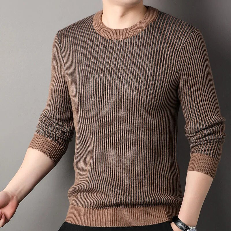 MACROSE Žieminis vyriškas megztinis dryžuotas ilgomis rankovėmis megztinis Madingi vyriški drabužiai O formos iškirpte Naujas 2 spalvų vilnos mišraus audimo megztinis