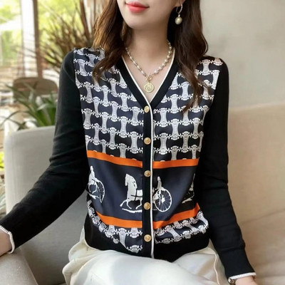 2023 Άνοιξη Φθινόπωρο Νέα Μόδα Εκτύπωση Μακρυμάνικο Πουλόβερ Γυναικεία Ρούχα Κομψά, κομψά, πολύχρωμα κουμπιά με λαιμόκοψη V Casual ζακέτα
