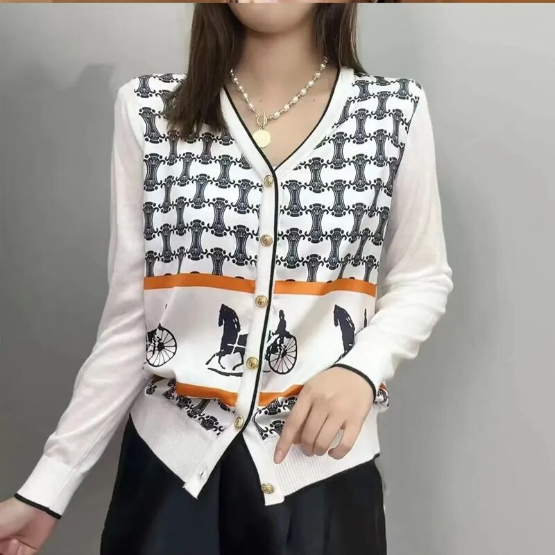 2023 Άνοιξη Φθινόπωρο Νέα Μόδα Εκτύπωση Μακρυμάνικο Πουλόβερ Γυναικεία Ρούχα Κομψά, κομψά, πολύχρωμα κουμπιά με λαιμόκοψη V Casual ζακέτα