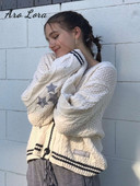 „Vintage Star“ siuvinėtas megztas megztinis moterims 2023 m. rudens mados V kaklo paltas ilgomis rankovėmis moteriškas Y2K retro stiliaus laisvas megztinis